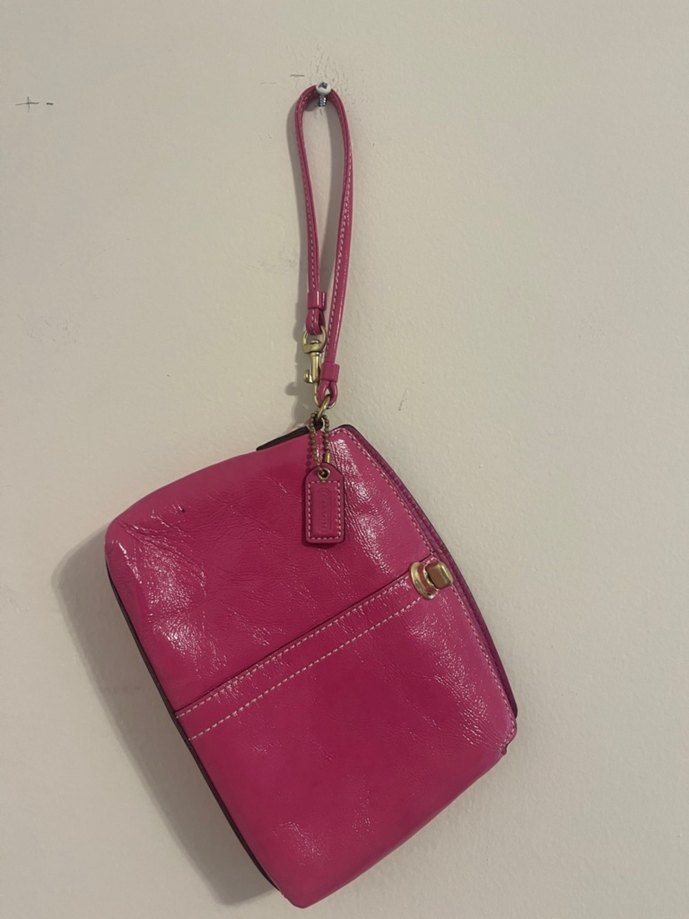 Coach Hot Pink Leather Wristlet with Gold Accents